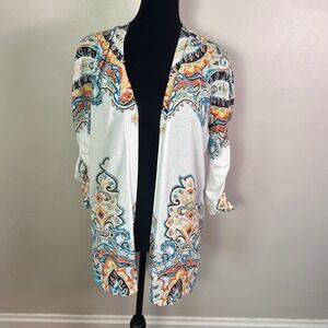 Chicos Paisley Open Front Cardigan Ruched Sleeve Multicolor Size 2 (L/12)